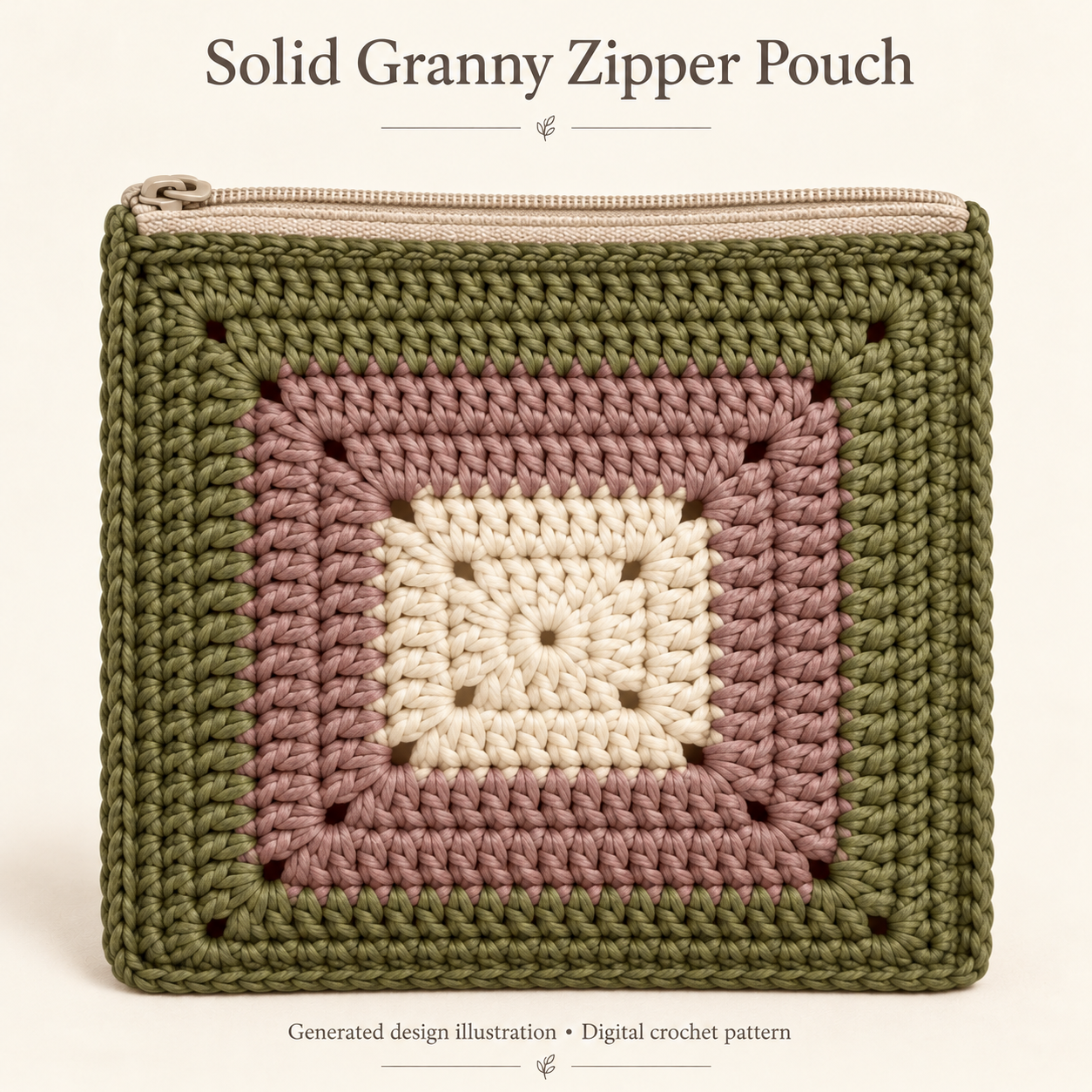 Generated illustration of a nearly square solid granny zipper pouch, one cream-mauve-olive square per side.