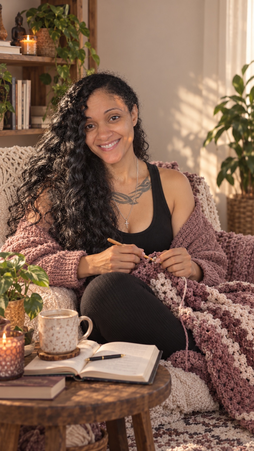 Owner-supplied portrait artwork: Lay with crochet and an open journal