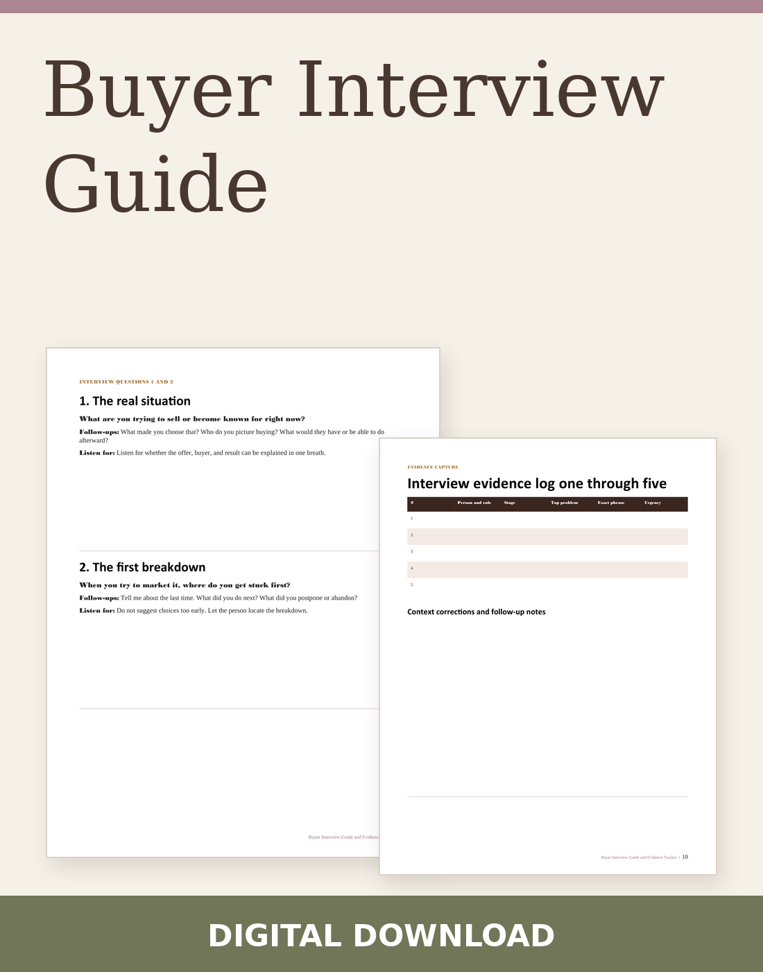 Buyer Interview Guide digital download with two actual included page previews.