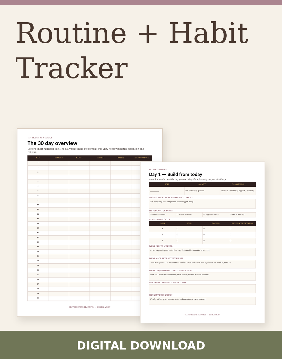 Routine + Habit Tracker digital download with two actual included page previews.
