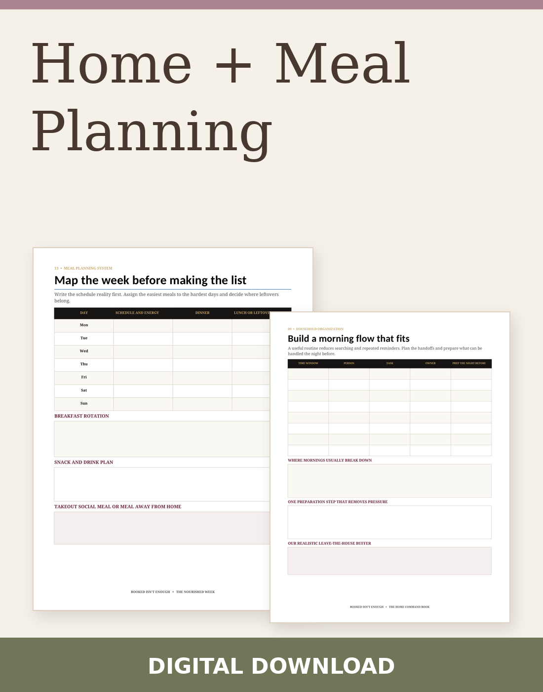 Home + Meal Planning digital download with two actual included page previews.