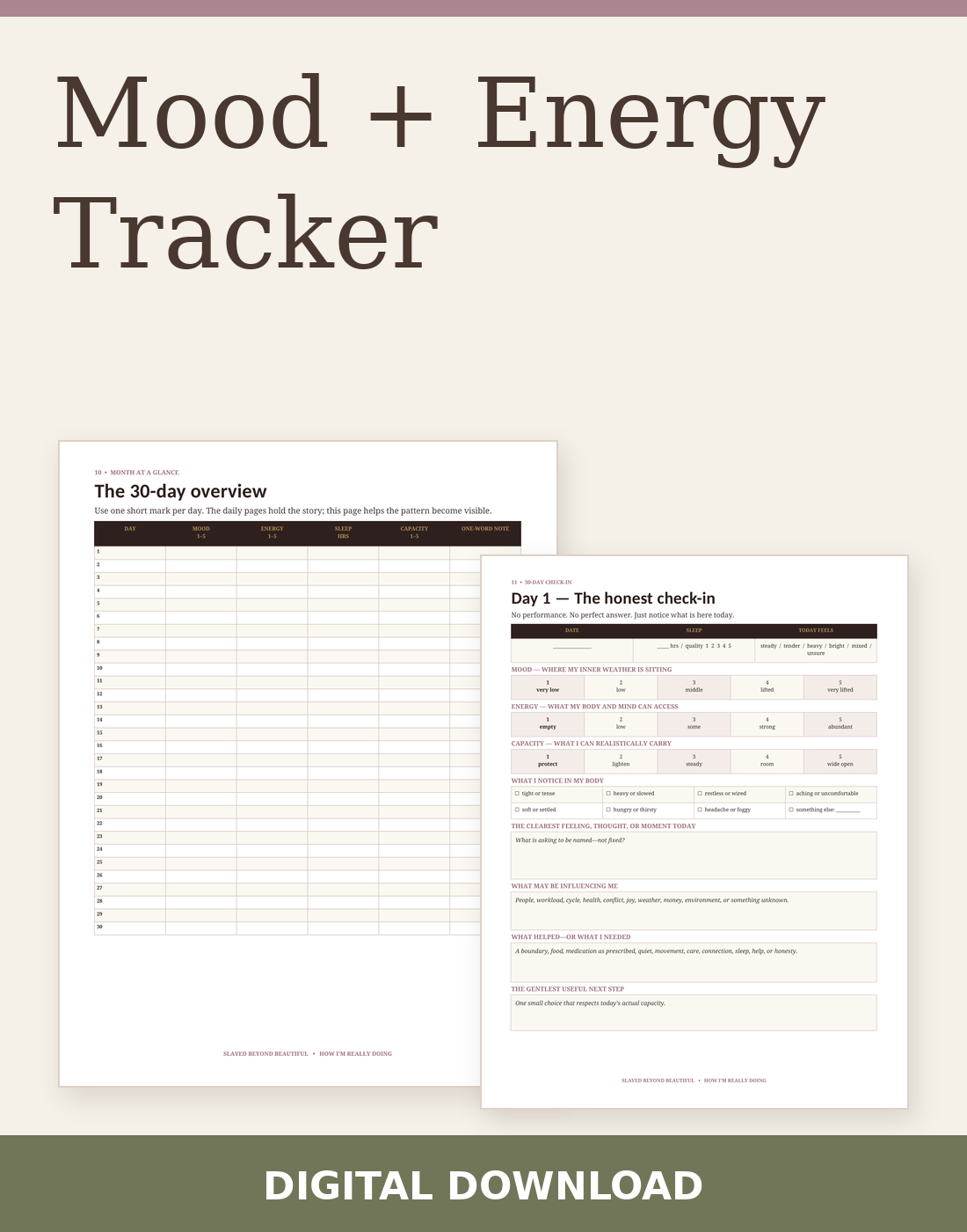Mood + Energy Tracker digital download with two actual included page previews.