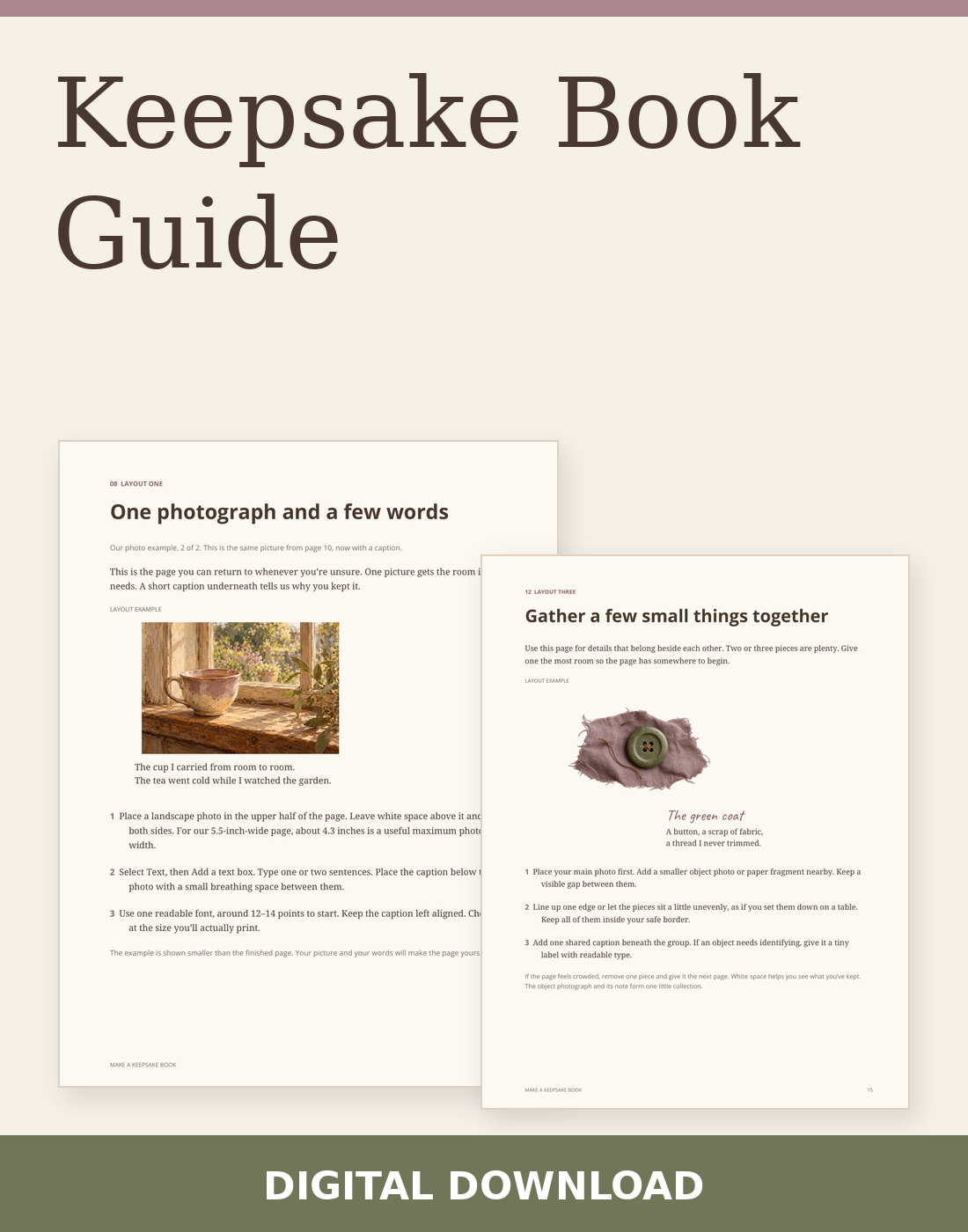 Keepsake Book Guide digital download with two actual included page previews.