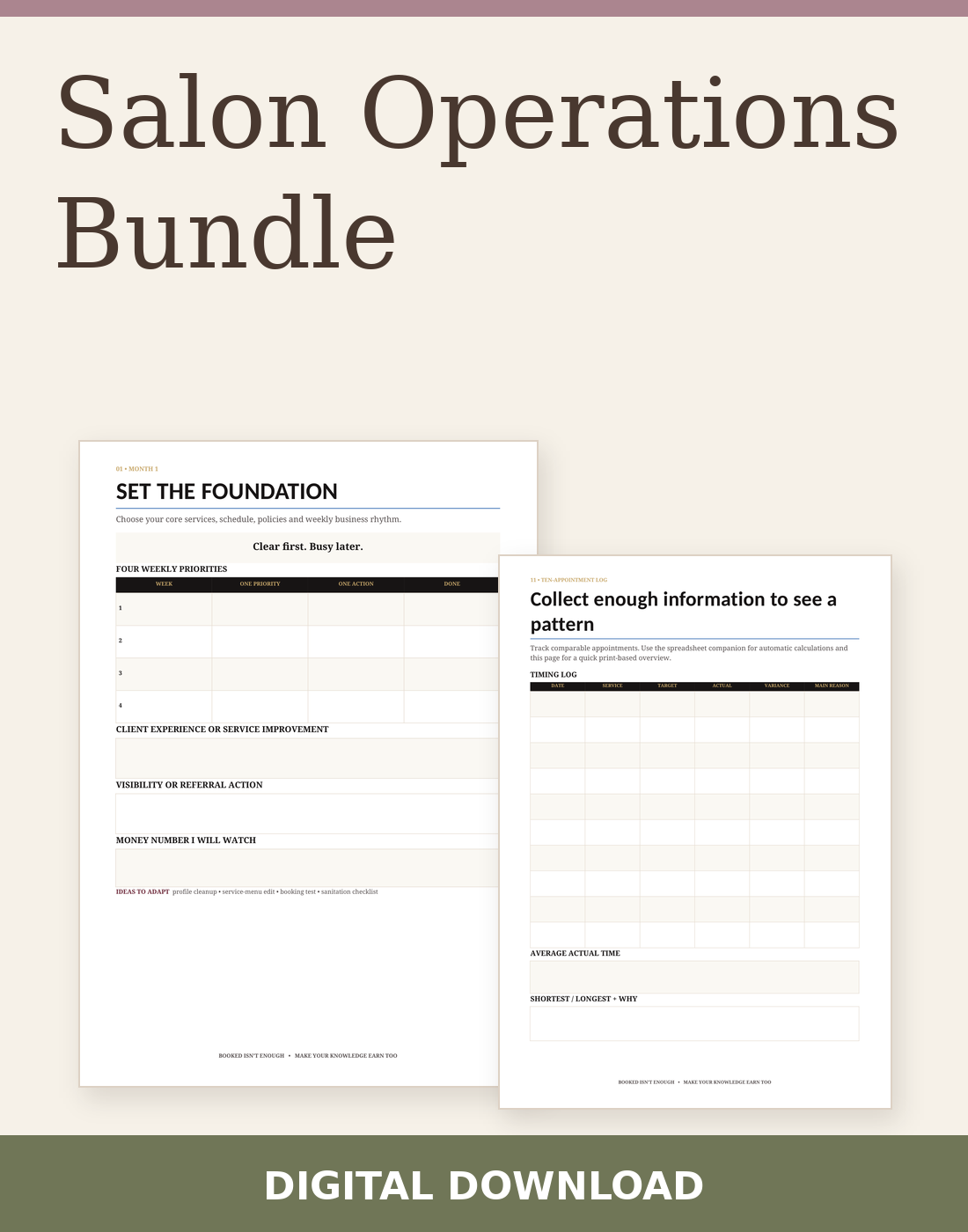 Salon Operations Bundle digital download with two actual included page previews.