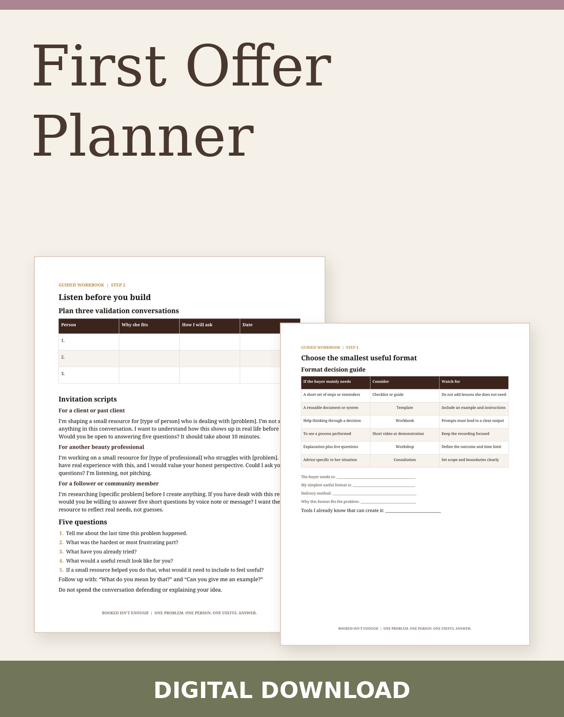 First Offer Planner digital download with two actual included page previews.