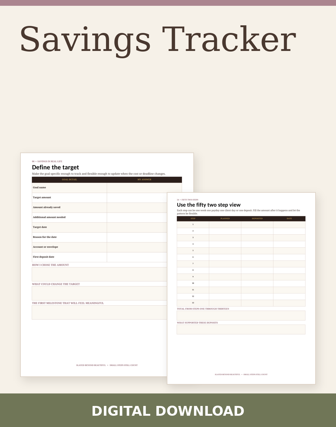 Savings Tracker digital download with two actual included page previews.