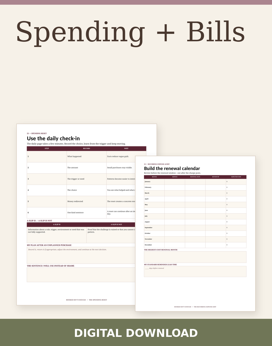 Spending + Bills digital download with two actual included page previews.