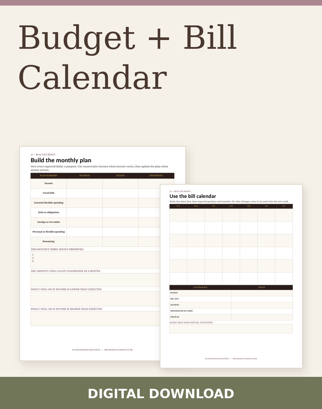 Budget + Bill Calendar digital download with two actual included page previews.