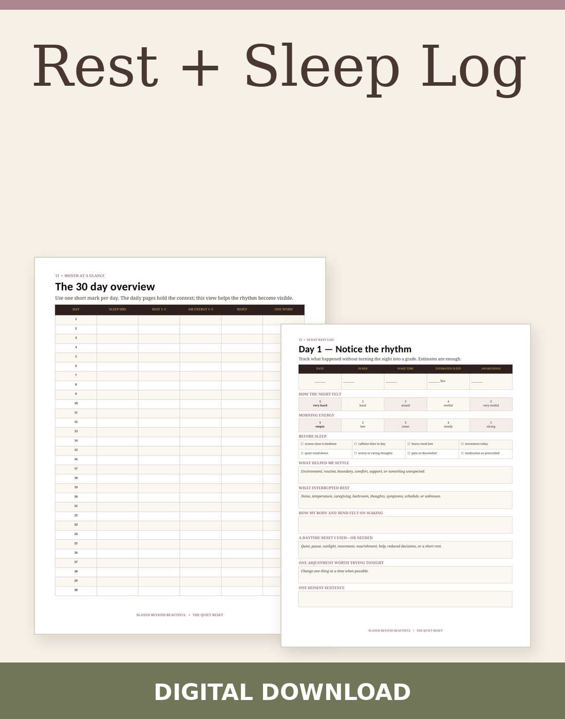 Rest + Sleep Log digital download with two actual included page previews.