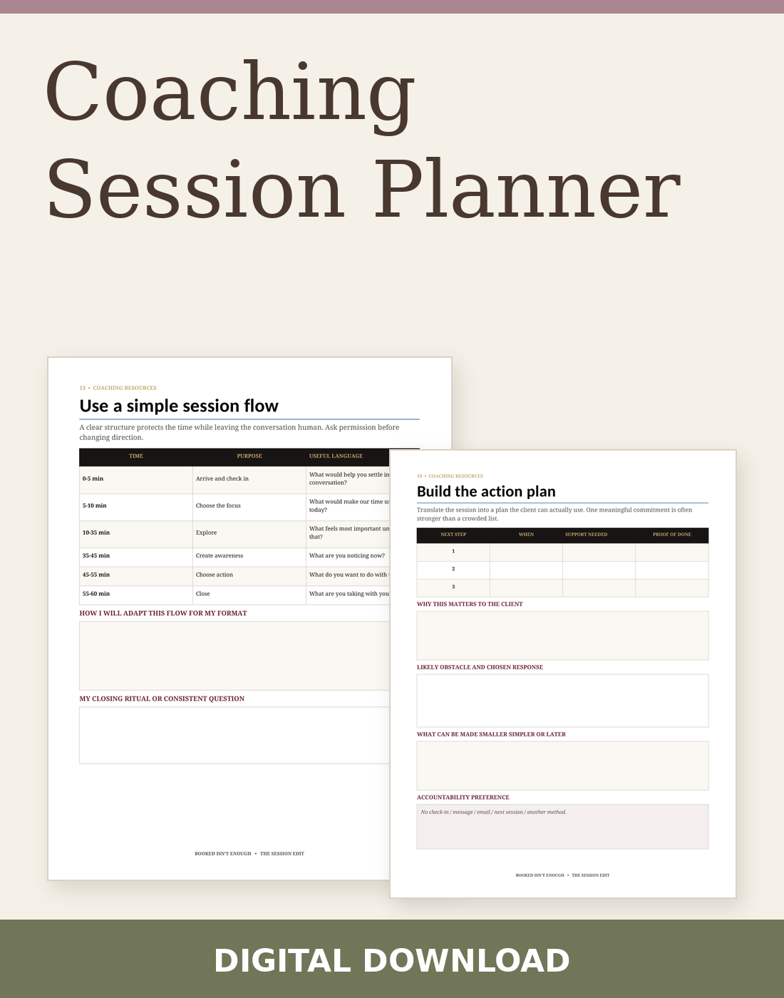 Coaching Session Planner digital download with two actual included page previews.